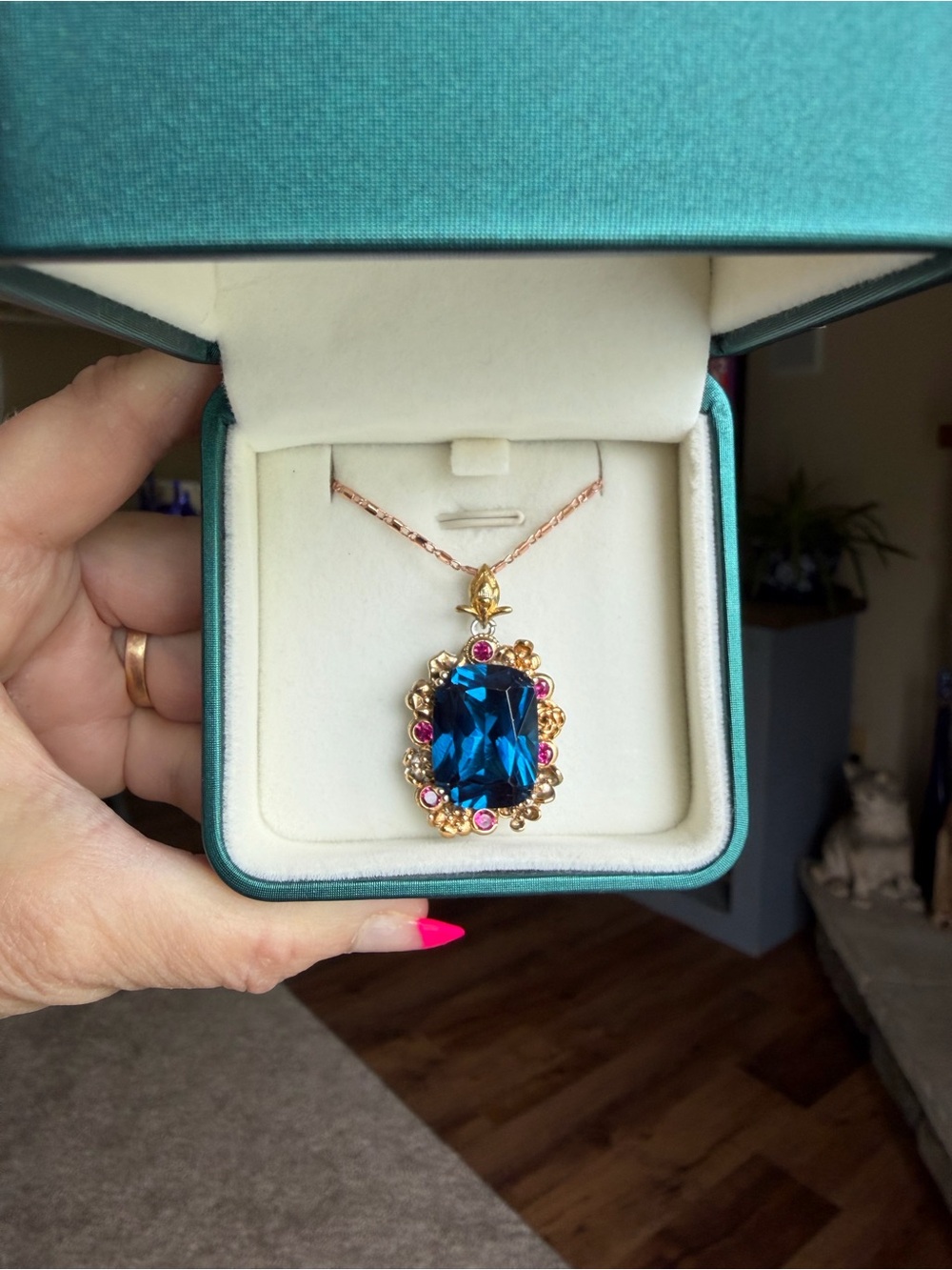 Vintage London Blue Sapphire and Ruby Pendant With Rose Gold Chain